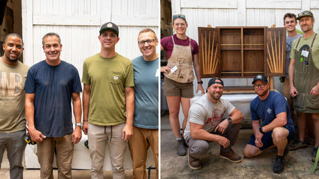 Both teams of woodworkers at the Tampa Build-Off 2025 where two teams of woodworkers get together to build furniture that benefits a cause.