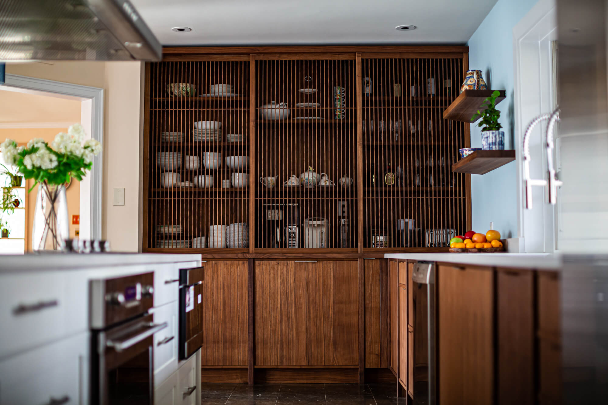 Walnut veneered kitchen with inspired by Japanese design finished with Rubio Monocoat hardwax oil wood finish.
