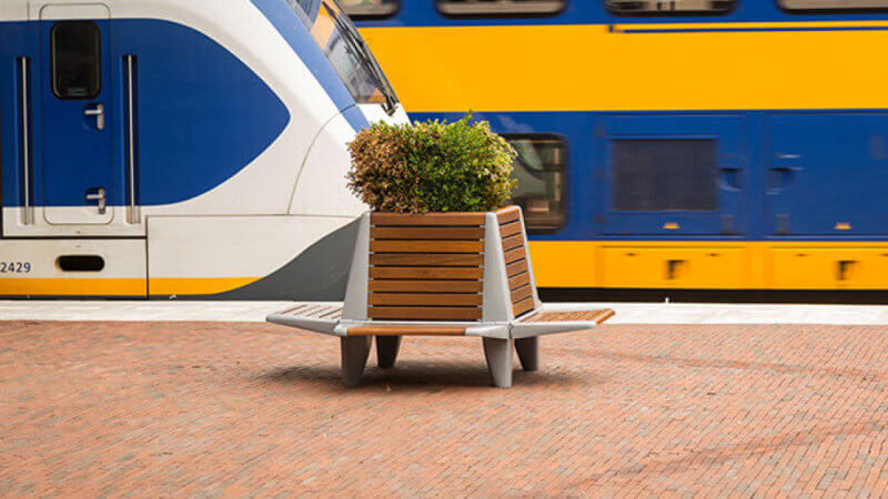 Wooden bench finished with Rubio Monocoat at a Dutch train station.