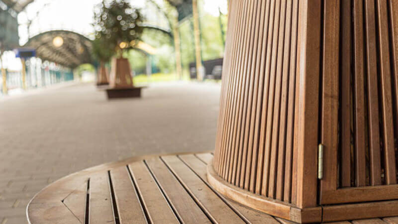 Close up of a wooden bench finished with Rubio Monocoat.