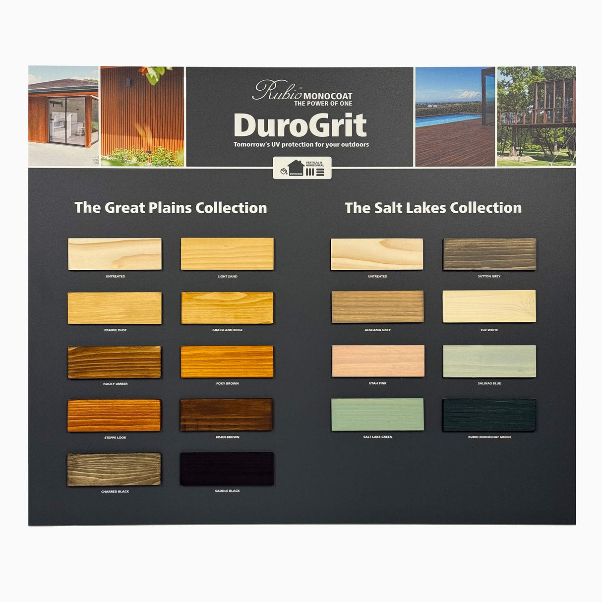 DuroGrit color swatch chart for outdoor finishes with 'The Great Plains Collection' and 'The Salt Lakes Collection'.