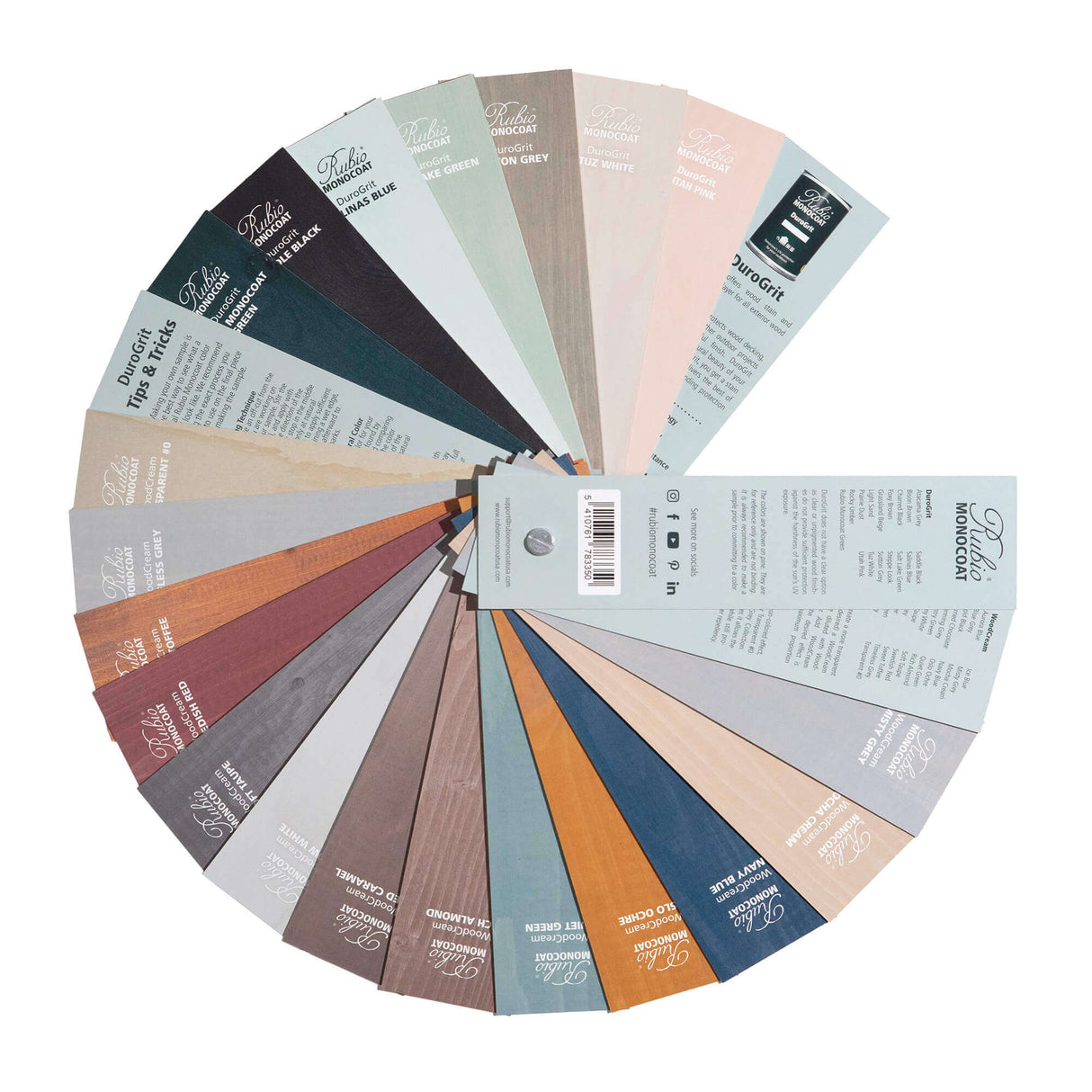 Rubio Monocoat DuroGrit and WoodCream Paper Fan Deck opened and showing the back