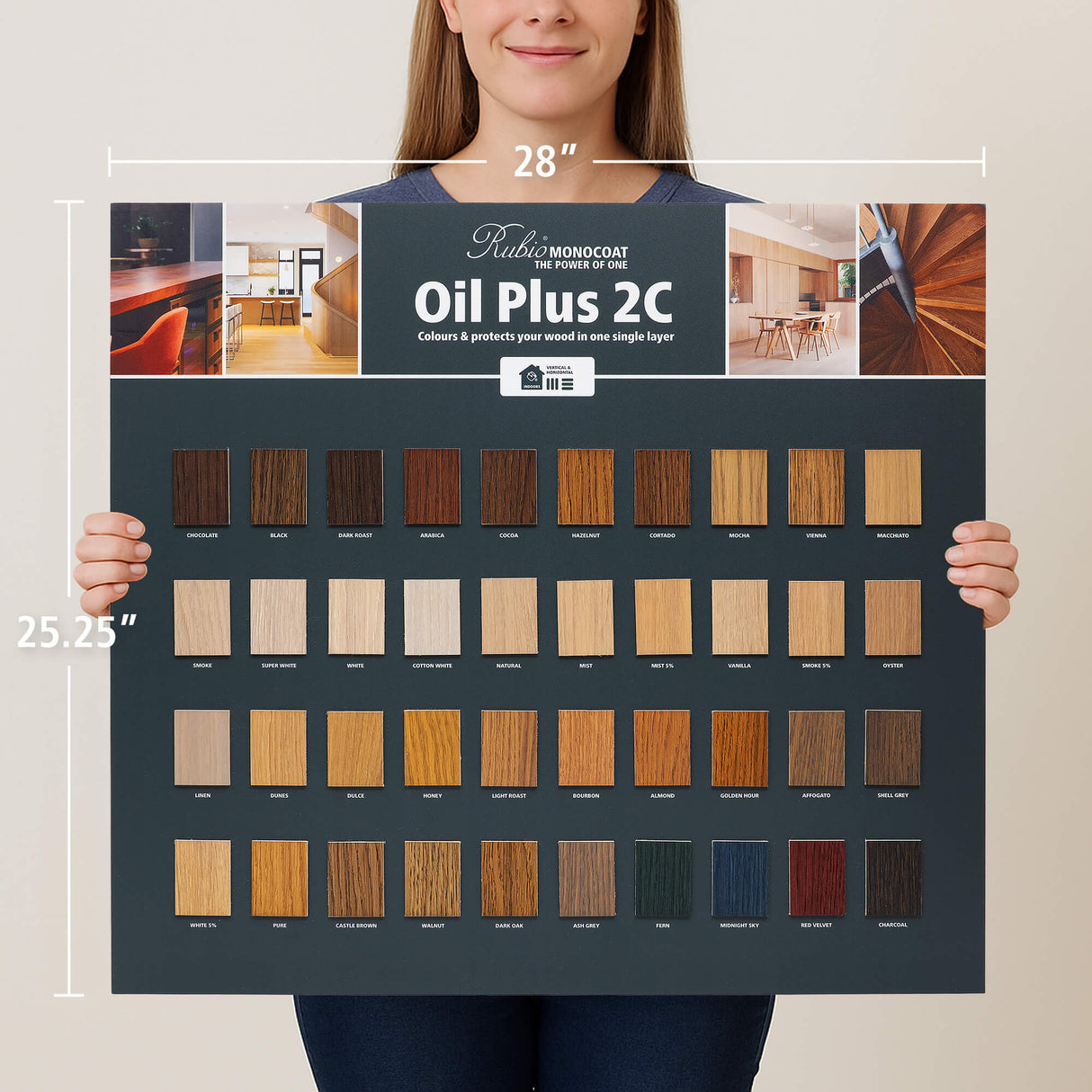 Oil Plus 2C Topcard Color Board being help by woman