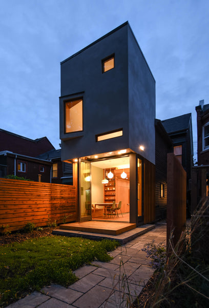 Exterior of a modern home at dusk.