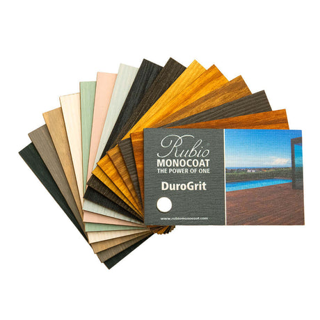 Rubio Monocoat exterior wood stain and finish color fan deck of sample colors shown on pine