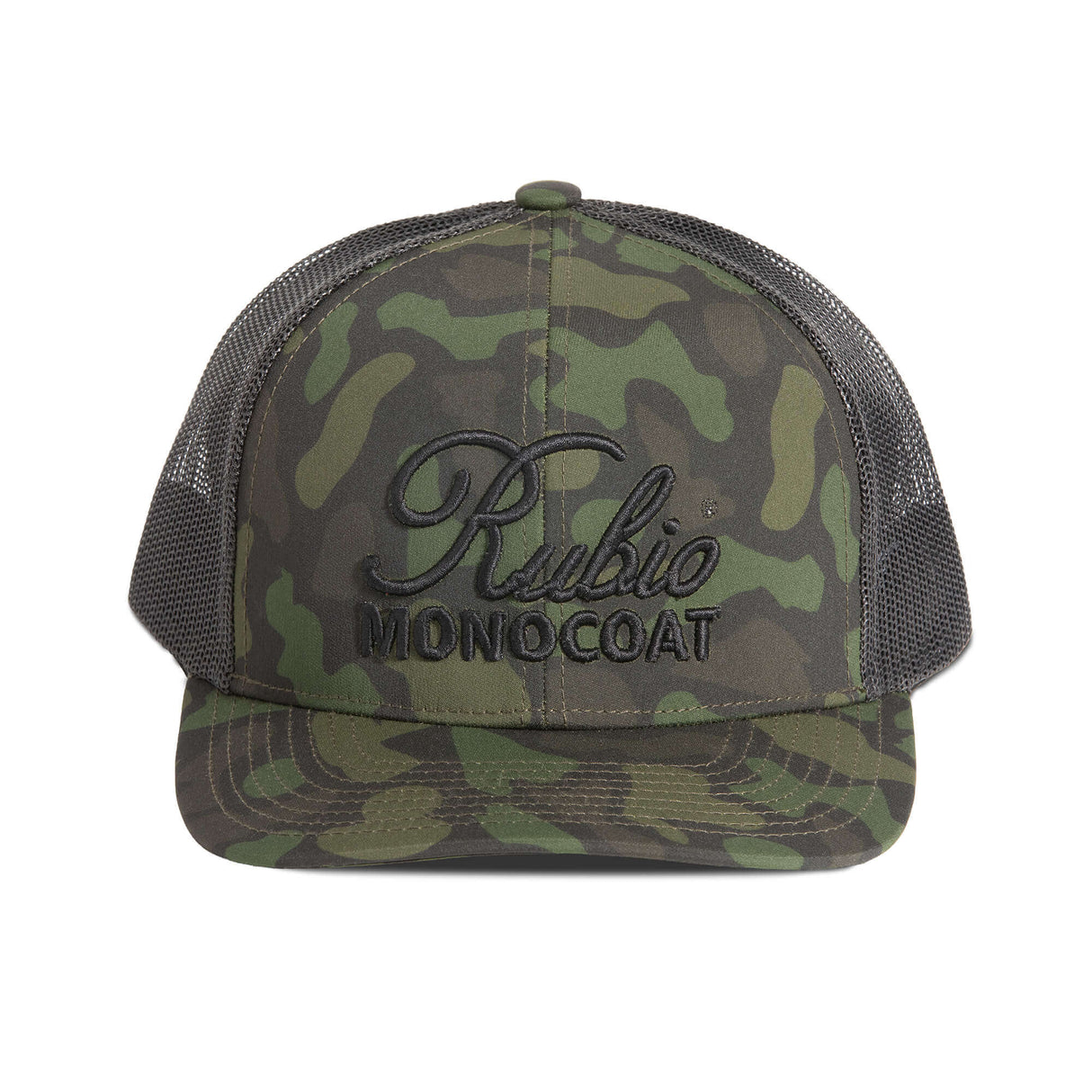 Camouflage cap with Rubic Monocoat logo on a white background