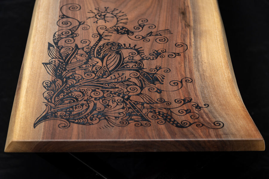 A detailed epoxy inlay on a walnut coffee table finished with Oil Plus 2C "Pure".
