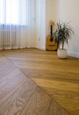 Close up of wooden herringbone floor finished with Rubio Monocoat.