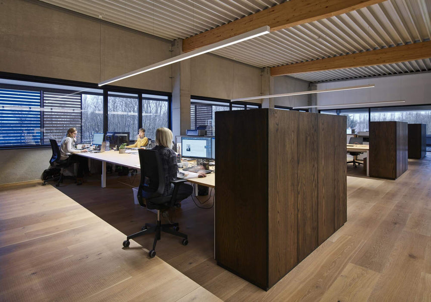 Open office area with Rubio Monocoat finish desks and storage cabinets.