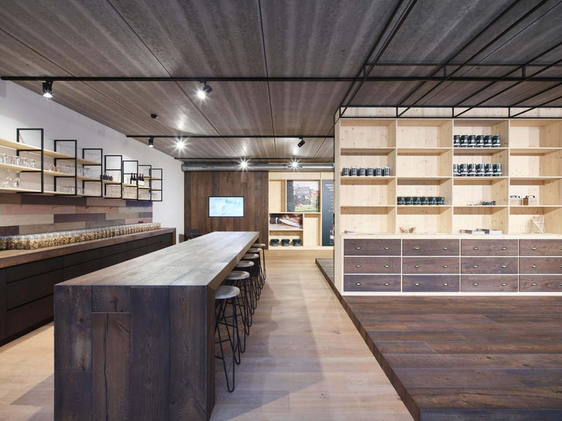Counters and shelving in the Rubio Monocoat showroom.
