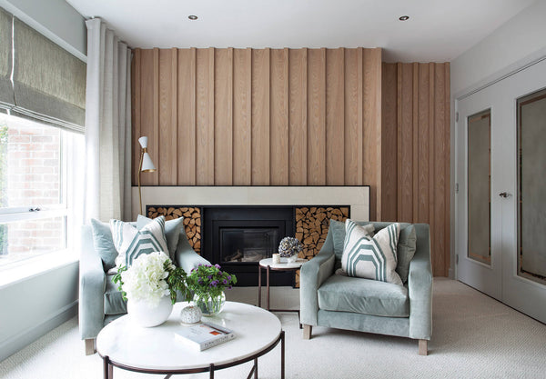 Project inspiration For white oak millwork on a fireplace accent wall finished with Rubio Monocoat Oil Plus 2C hardwax oil wood stain and finish for interior wood projects.