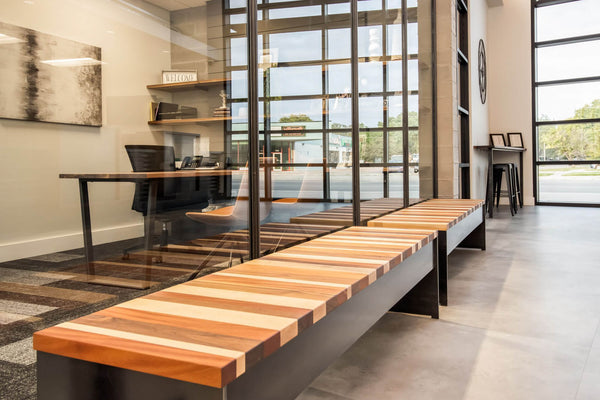Project inspiration for a multi-species bench made from cherry, walnut, and maple finished with Rubio Monocoat Oil Plus 2C hardwax oil wood stain and finish for interior wood projects.