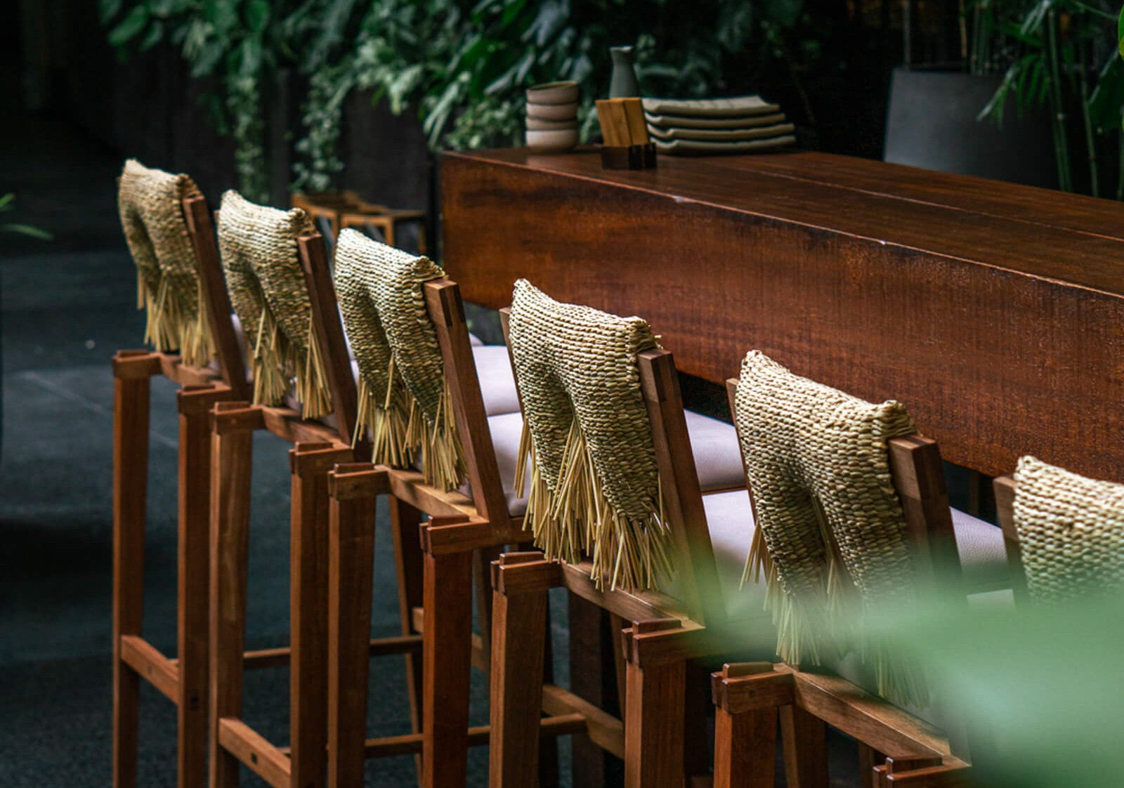 Project inspiration for handmade commercial bar height stools with a natural fiber detail finished using Rubio Monocoat Oil Plus 2C hardwax oil wood stain and finish for interior wood projects.