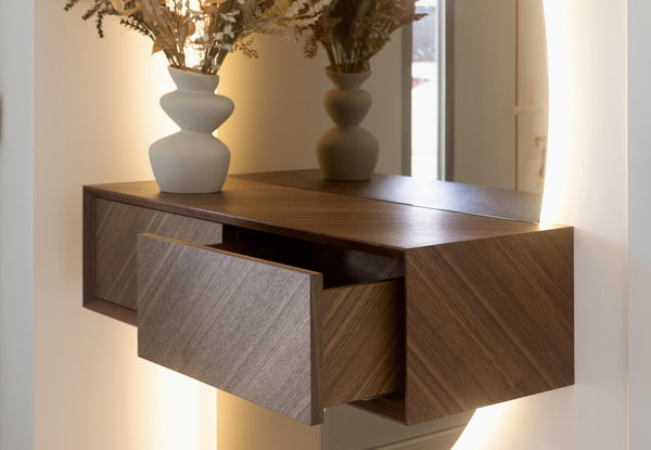 Project inspiration for a floating console table made from walnut and finished with Rubio Monocoat Oil Plus 2C "Pure" hardwax oil wood stain and finish for interior wood projects. 