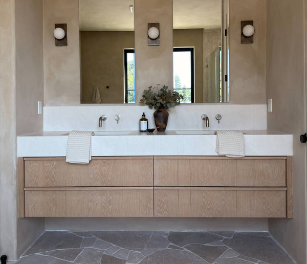 Project inspiration for floating white oak vanities finished with Rubio Monocoat Oil Plus 2C Natural, a hardwax oil stain and finish in one for interior wood projects.