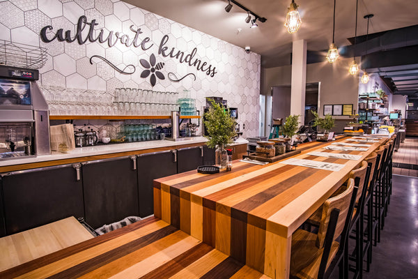 Project inspiration for restaurant furniture crafted from multiple species finished with Rubio Monocoat Oil Plus 2C hardwax oil wood stain and finish for interior wood projects.
