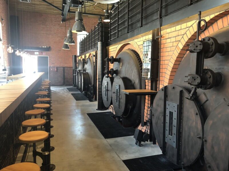 Industrial bistro with counter seating.