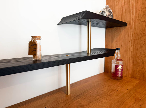 Project inspiration for a Japanese-inspired whiskey cabinet made from ash and cherry finished with Rubio Monocoat Oil Plus 2C hardwax oil wood stain and finish for interior wood projects.