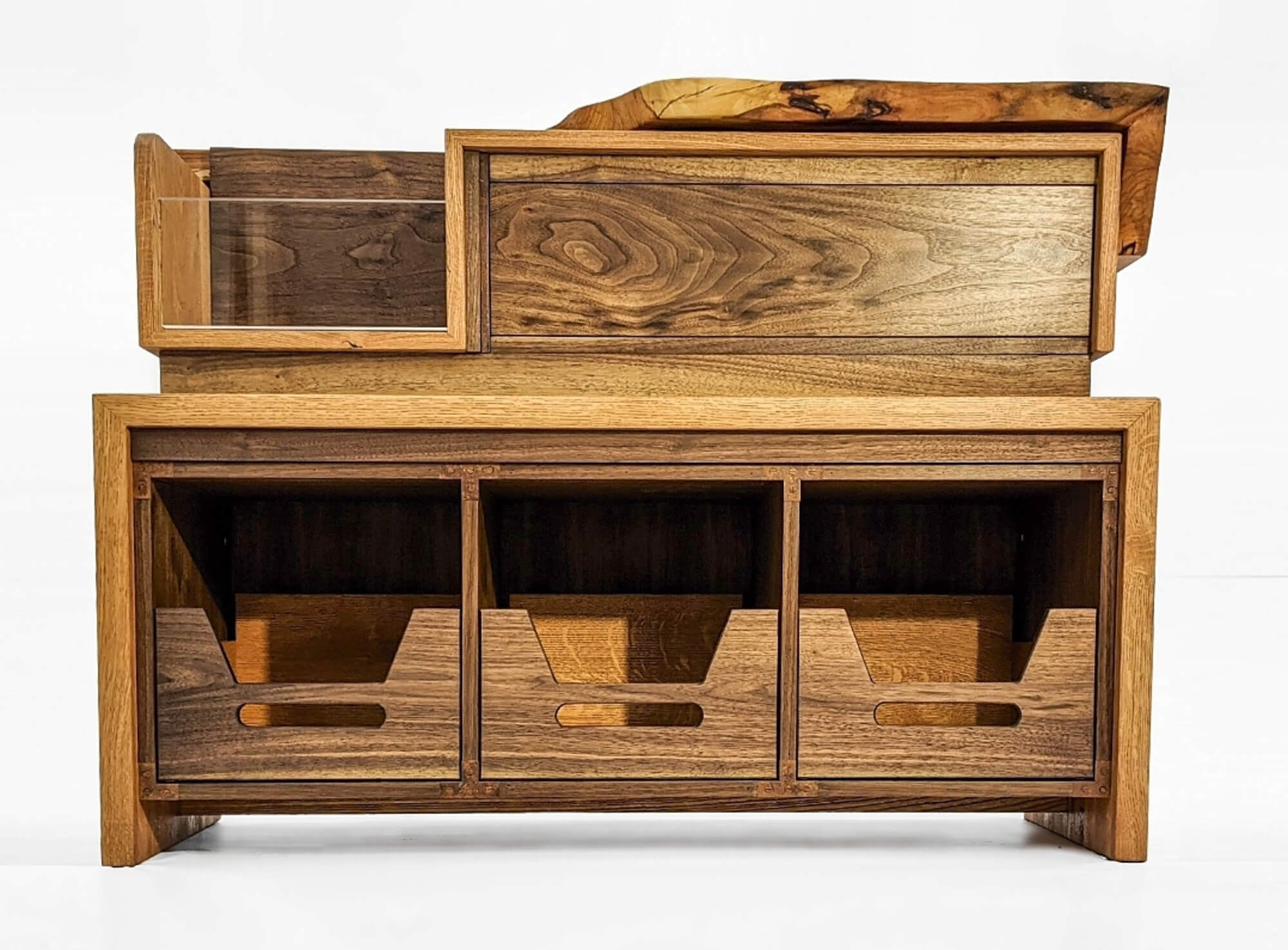 A record storage console crafted from three different wood species and finished with Rubio Monocoat hardwax oil wood finish products.