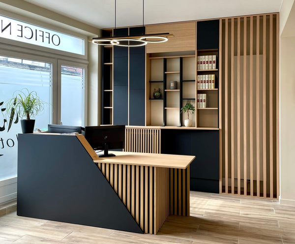 Project inspiration for an built ins and an office reception desk made from white oak and finished with Rubio Monocoat Oil Plus 2C hardwax oil wood stain and finish for interior wood projects. 