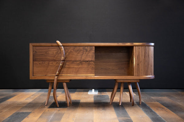 A mid-century modern inspired credenza made from walnut and finished with Rubio Monocoat Oil Plus 2C hardwax oil wood stain and finish in one. The sheen was enhanced using SheenPlus, which brought the sheen up to a satin finish.