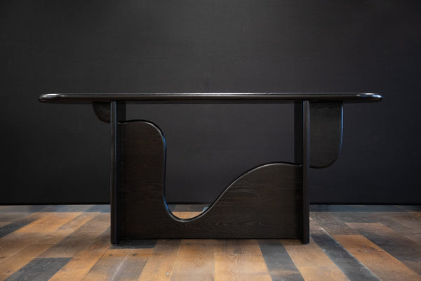Project inspiration for a modern console table crafted from white oak and finished with Rubio Monocoat Precolor Easy, Oil Plus 2C, and SheenPlusto give it an opaque black look. 
