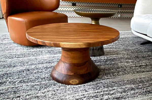 Project inspiration for a turned coffee table crafted from monkeypod wood and finished with Rubio Monocoat Oil Plus 2C hardwax oil wood stain and finish for interior wood projects. 