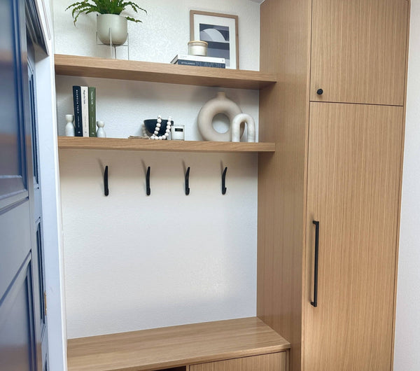 Project inspiration for modern mudroom cabinetry finished with Oil Plus 2C "Dunes", an interior hardwax oil wood stain and finish for all wood projects. To enhance the sheen, SheenPlus was applied.
