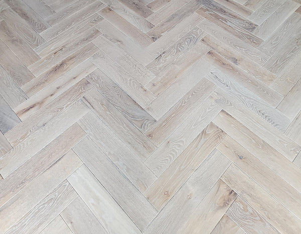 Light colored, cerused white oak wood flooring finished with Rubio Monocoat Products.