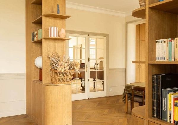 Project inspiration for a wood cased opening with integrated storage and shelving finished with Rubio Monocoat Oil Plus 2C hardwax oil wood stain and finish for interior wood projects.