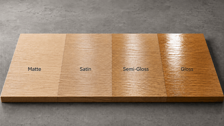 Comparison of matte, satin, semi-gloss, and gloss wood finish sheens on oak samples