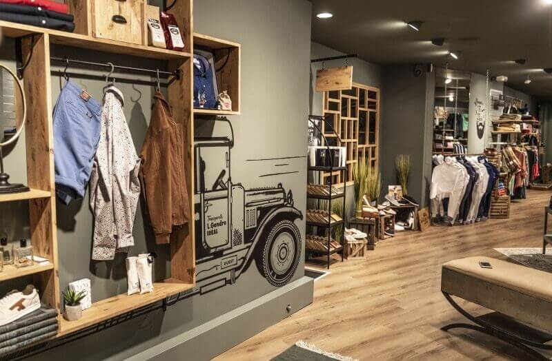 Mens clothing store with hardwax oil finished wood flooring and shelves.