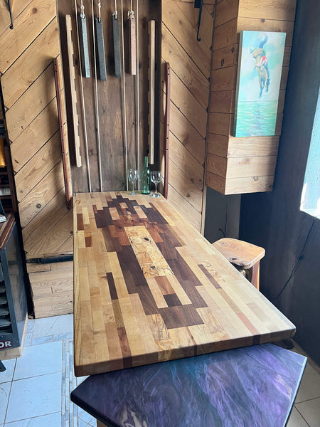 Wood mosaic fold down murphy bar finished with a natural hardwax oil wood finish.