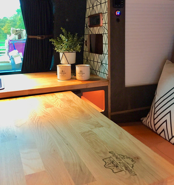Solid oak top in travel van finished with Rubio Monocoat Hybrid Wood Protector.