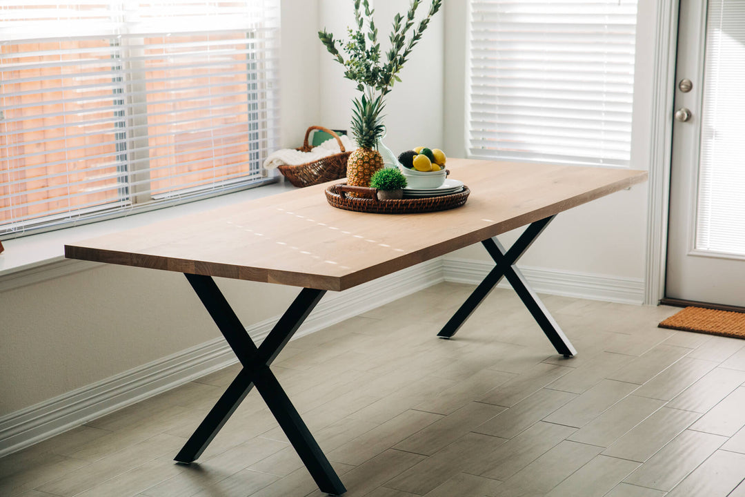 A custom white oak table finished with Rubio Monocoat Oil Plus 2C hardwax oil wood stain and finish for interior wood projects.