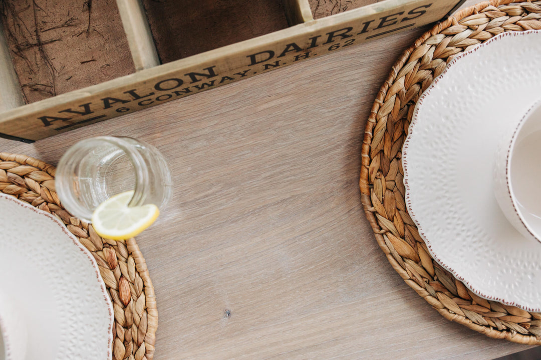 Grain detail on a white oak table finished with Rubio Monocoat Oil Plus 2C hardwax oil wood stain and finish for interior wood projects.