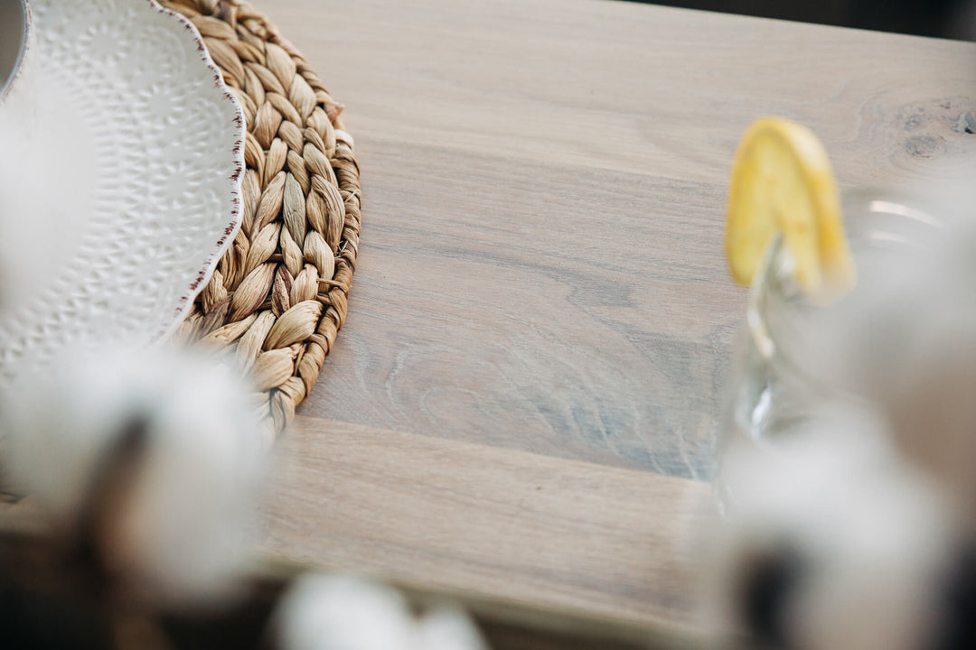Pickled grain detail on a white oak table finished using Rubio Monocoat Oil Plus 2C hardwax oil wood stain and finish.