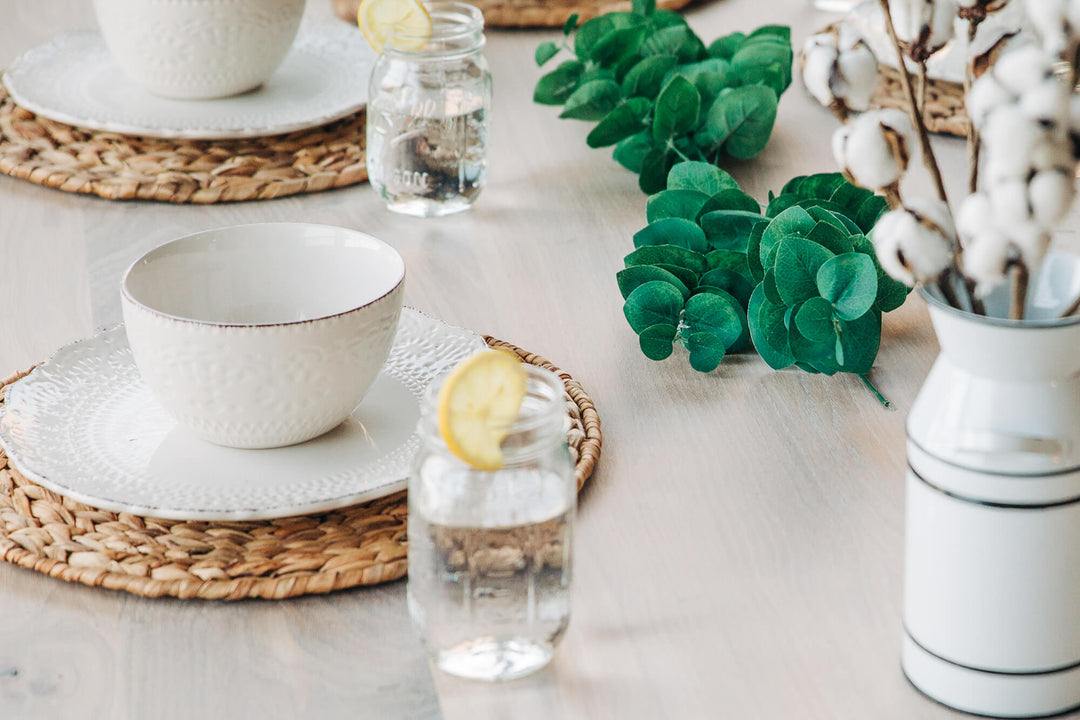 Place settings on a white oak table finished with Rubio Monocoat Oil Plus 2C hardwax oil wood stain and finish.