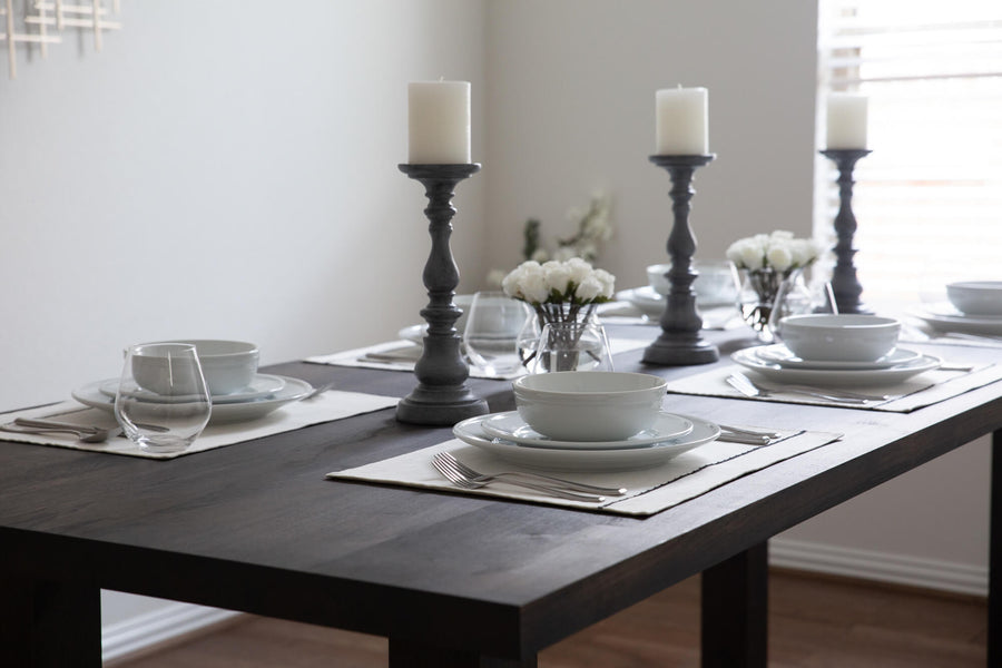A white oak table set for six finished with Rubio Monocoat Oil Plus 2C "Charcoal".