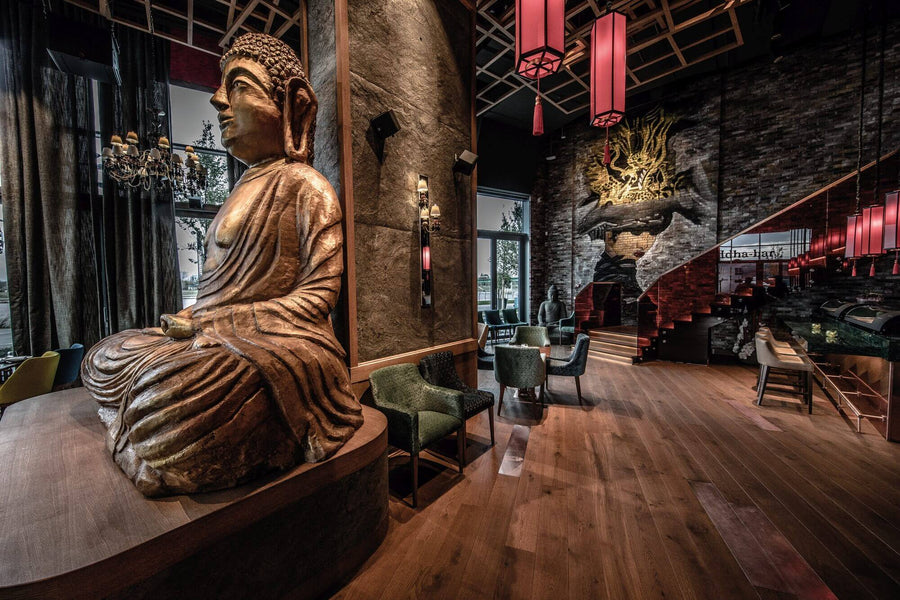 Buddha bar restaurant with hardwood floors.