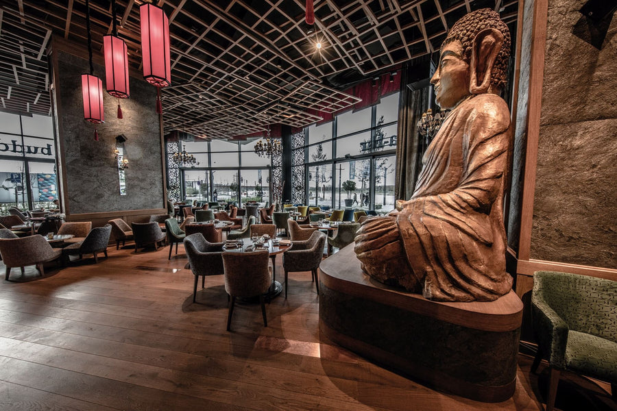 Buddha bar restaurant and wood flooring in the dining area.