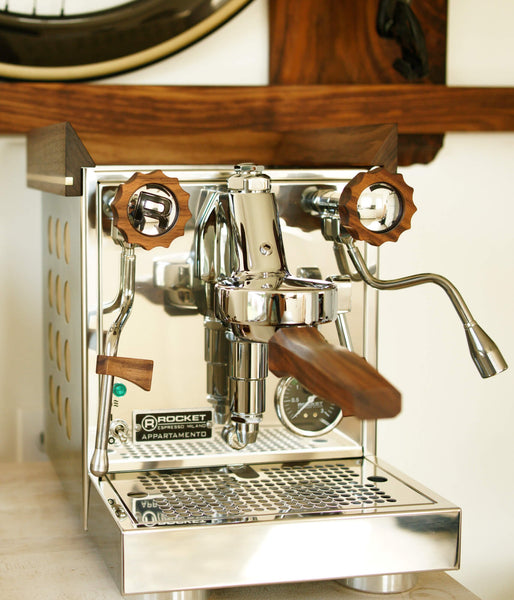 The completed espresso machine build featuring walnut wood accents.