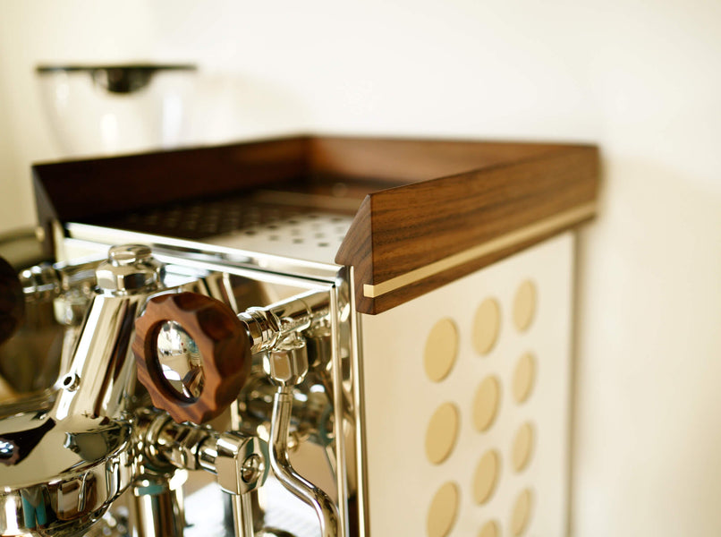 Walnut espresso cup rail finished with hardwax oil Oil Plus 2C on top of a Rocket Apartamento espresso machine.