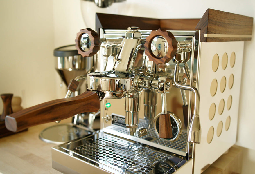 Rocket apartamento espresso machine with walnut wood accents finished with Rubio Monocoat hardwax oil.