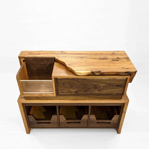 Record storage with live edge features made from walnut, pecan and white oak, finished with Oil Plus 2C Pure.