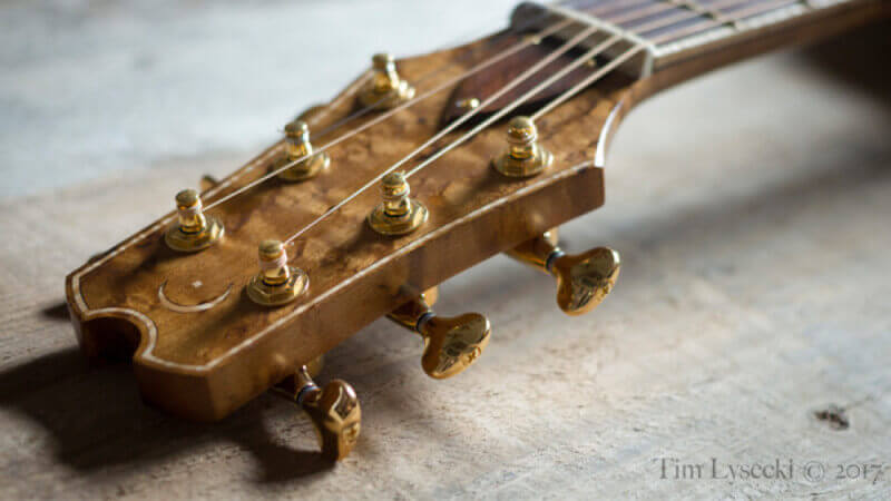 The headstock of an acoustic guitar with gold tuning pegs and wood finished with a hardwax oil wood finish.