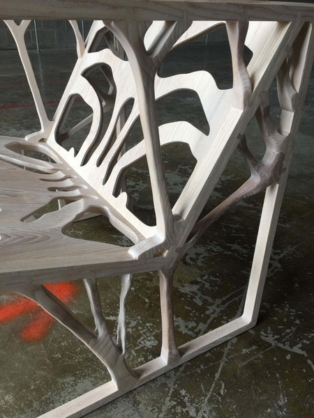 A closer look at the detail on the dispersion chair made from ash and finished with a white hardwax oil.