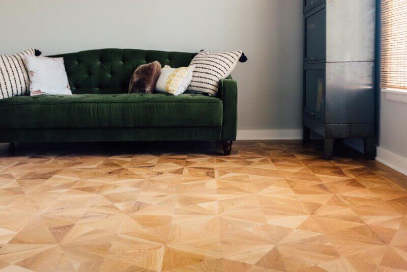 Solid white oak hardwood parquet floor in the living room.