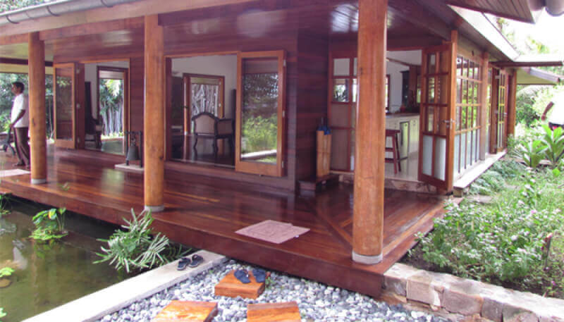 An exterior deck at a resort that is finished with Rubio Monocoat exterior wood oil.