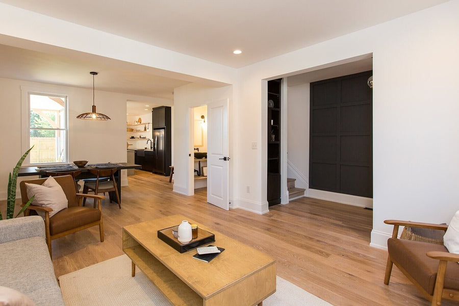 Living room with white oak floors.